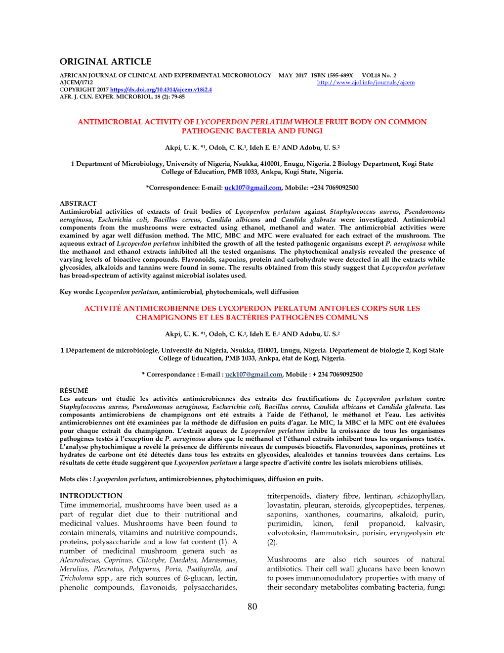 ORIGINAL ARTICLE AFRICAN JOURNAL of CLINICAL and EXPERIMENTAL MICROBIOLOGY MAY 2017 ISBN 1595�689X VOL18 No