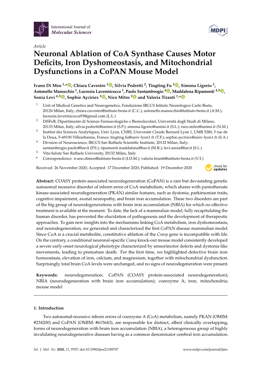 Neuronal Ablation of Coa Synthase Causes Motor Deficits, Iron