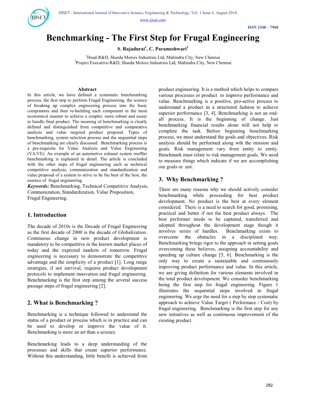 Benchmarking - the First Step for Frugal Engineering S