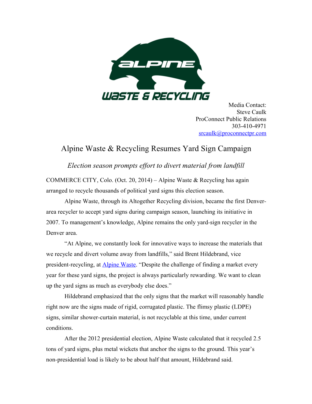 Alpine Waste & Recycling Resumes Yard Sign Campaign