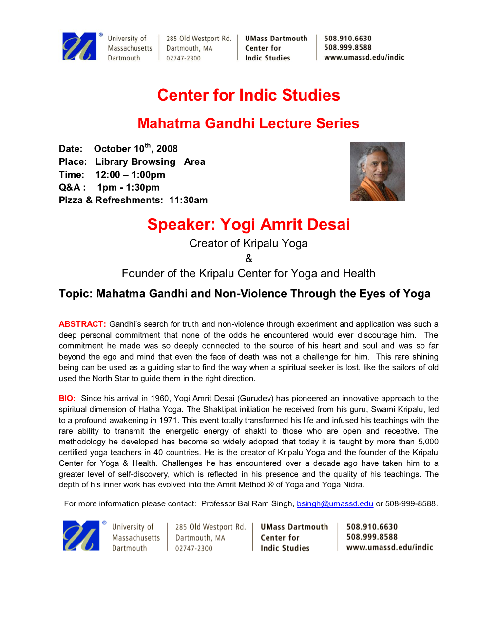 Center for Indic Studies Speaker: Yogi Amrit Desai