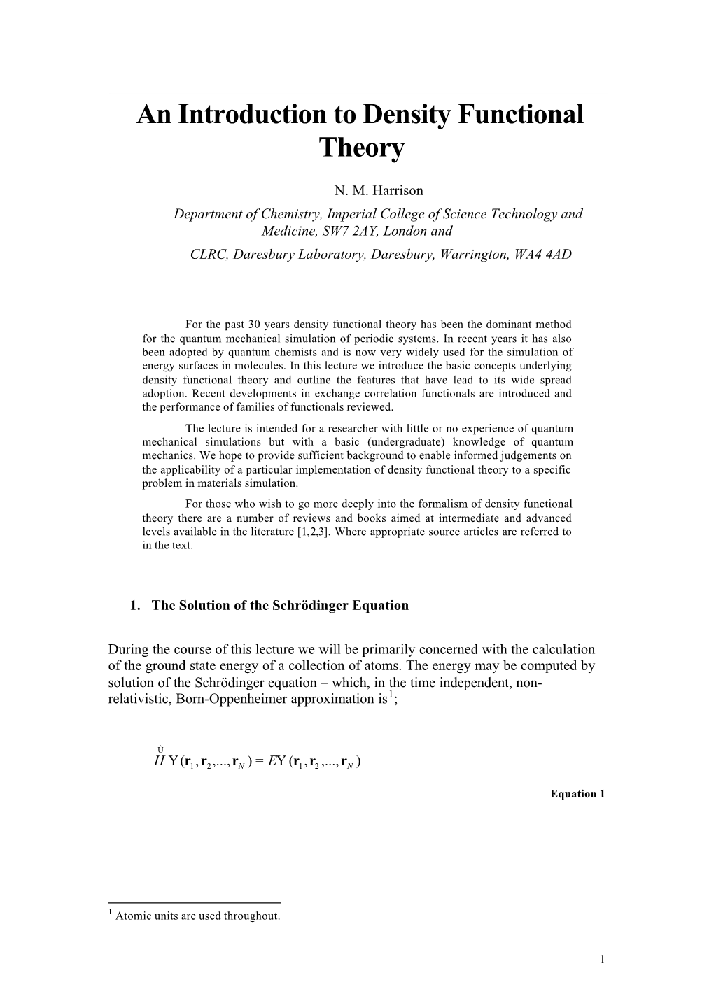 An Introduction to Density Functional Theory