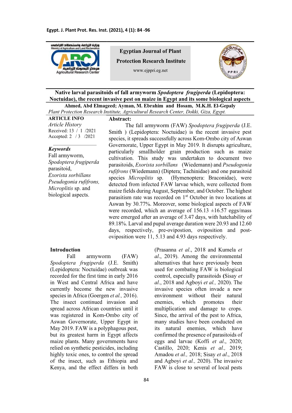 Native Larval Parasitoids of Fall Armyworm Spodoptera Frugiperda