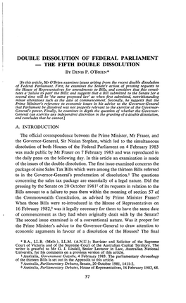 DOUBLE DISSOLUTION of FEDERAL PARLIAMENT the FIFTH DOUBLE DISSOLUTION by DENIS P