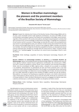 Women in Brazilian Mammalogy: the Pioneers and the Prominent Members S of the Brazilian Society of Mammalogy Aio