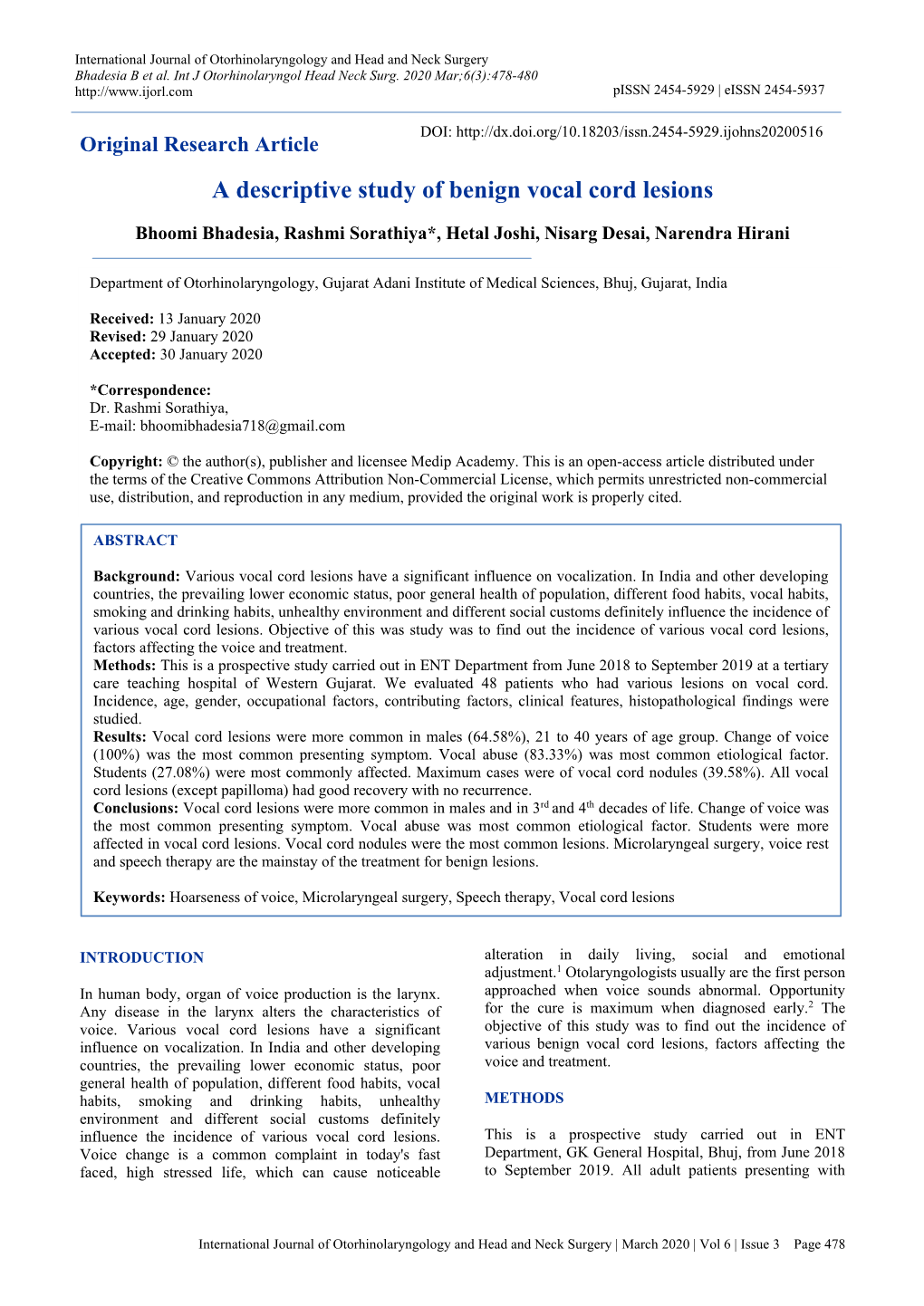 A Descriptive Study of Benign Vocal Cord Lesions