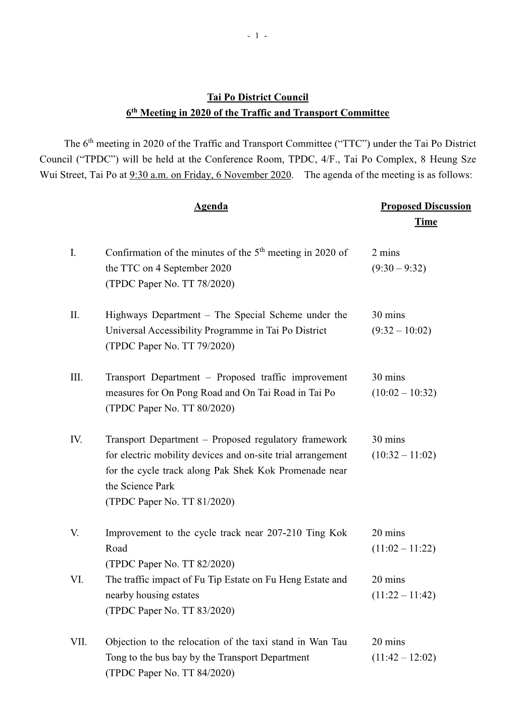 Tai Po District Council 6Th Meeting in 2020 of the Traffic and Transport Committee