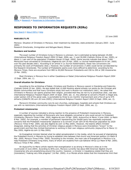 RESPONSES to INFORMATION REQUESTS (Rirs) Page 1 of 4 RIR