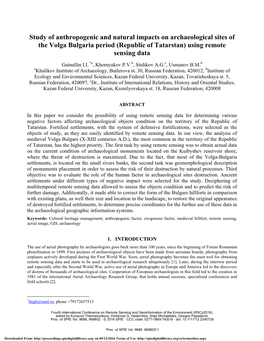Study of Anthropogenic and Natural Impacts on Archaeological Sites of the Volga Bulgaria Period (Republic of Tatarstan) Using Remote Sensing Data