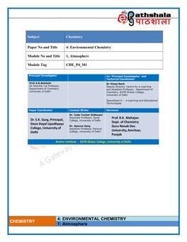 ENVIRONMENTAL CHEMISTRY 1: Atmosphere