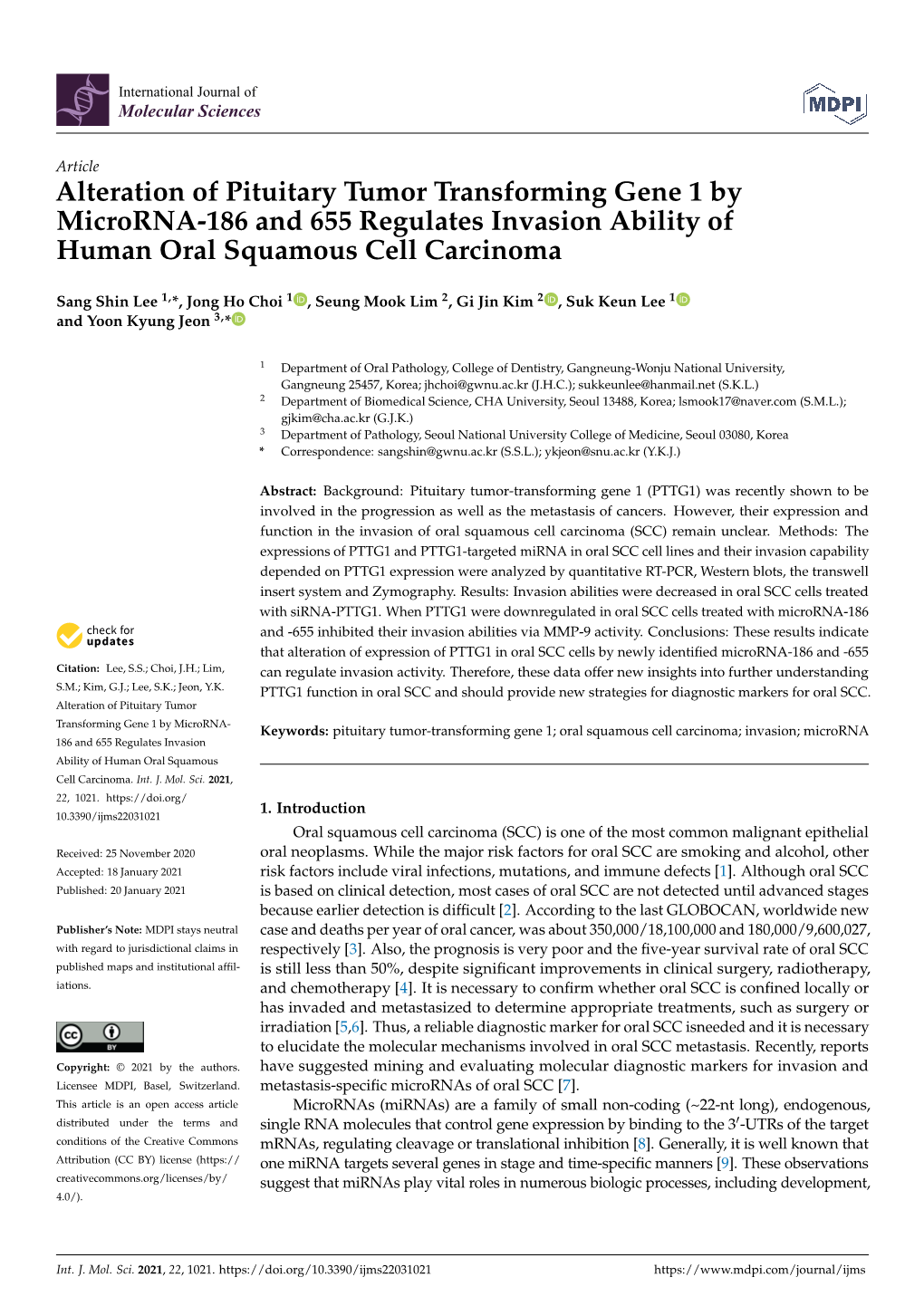 Alteration of Pituitary Tumor Transforming Gene 1 by Microrna-186 and 655 Regulates Invasion Ability of Human Oral Squamous Cell Carcinoma