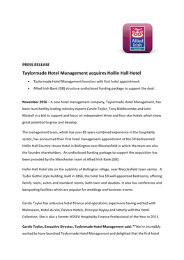 Taylormade Hotel Management Acquires Hollin Hall Hotel