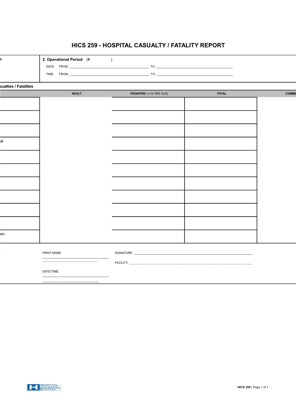 HICS 259-Hospital Casualty Fatality Report