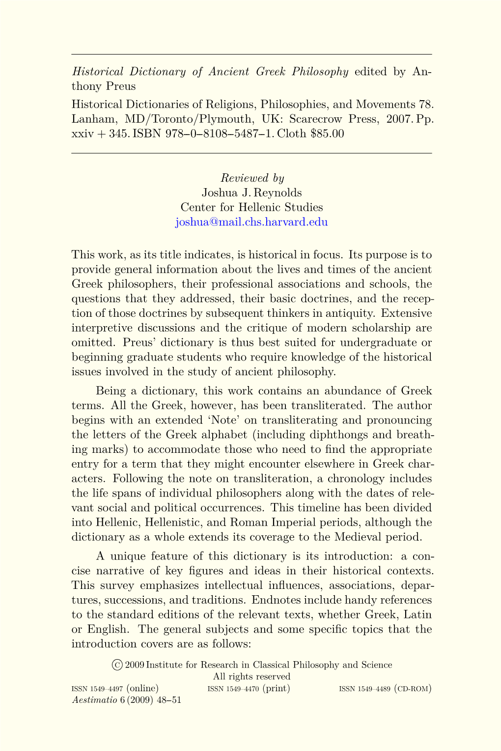 Historical Dictionary of Ancient Greek Philosophy Edited by An- Thony Preus Historical Dictionaries of Religions, Philosophies, and Movements 78