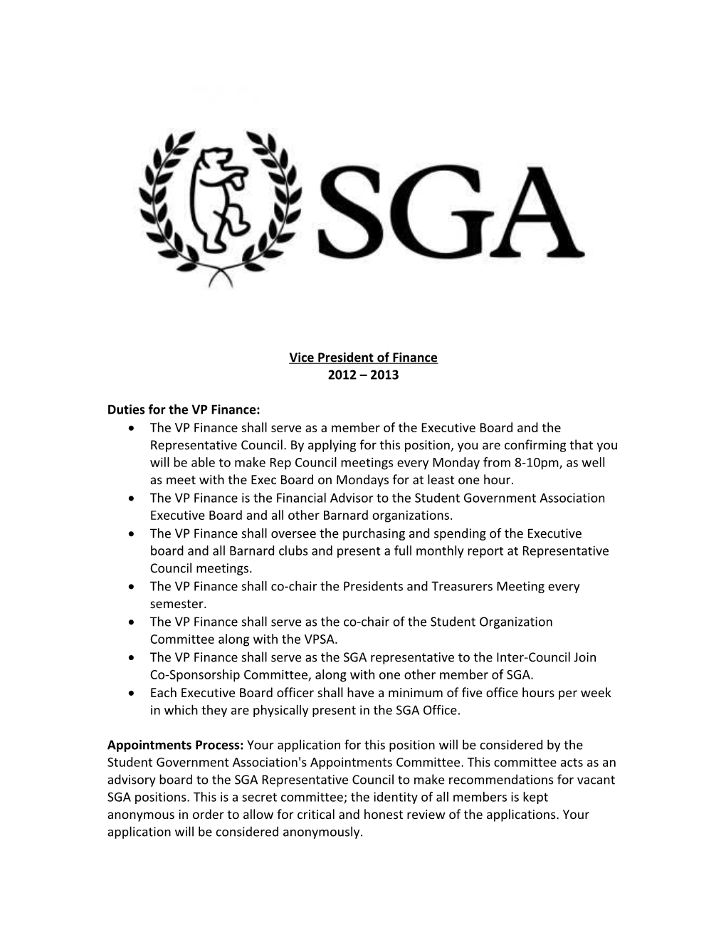 Vice President Student Government Application