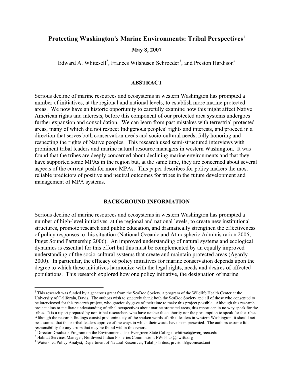 Protecting Washington's Marine Environments: Tribal Perspectives1 May 8, 2007