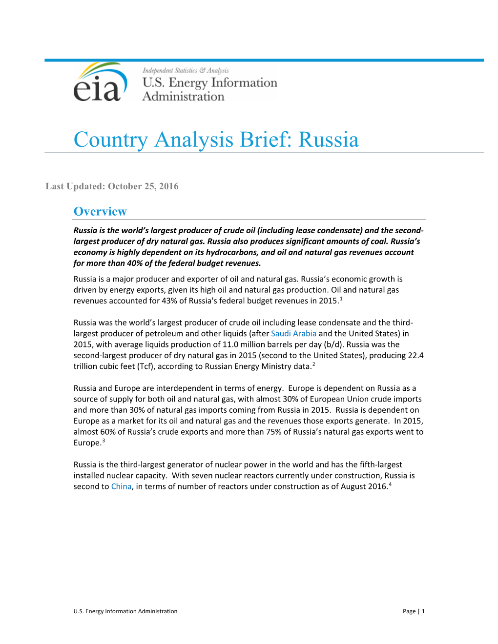 Country Analysis Brief: Russia