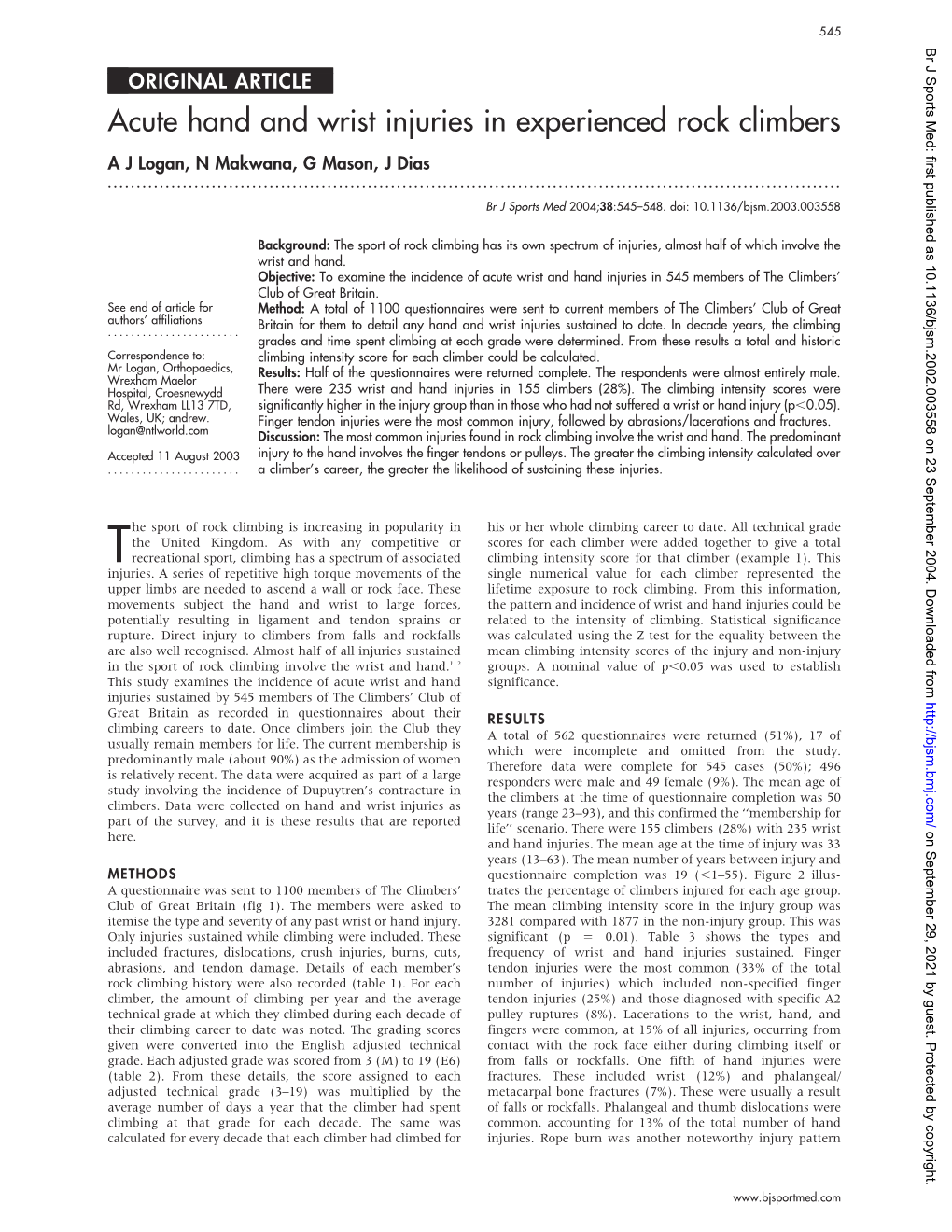 Acute Hand and Wrist Injuries in Experienced Rock Climbers a J Logan, N Makwana, G Mason, J Dias