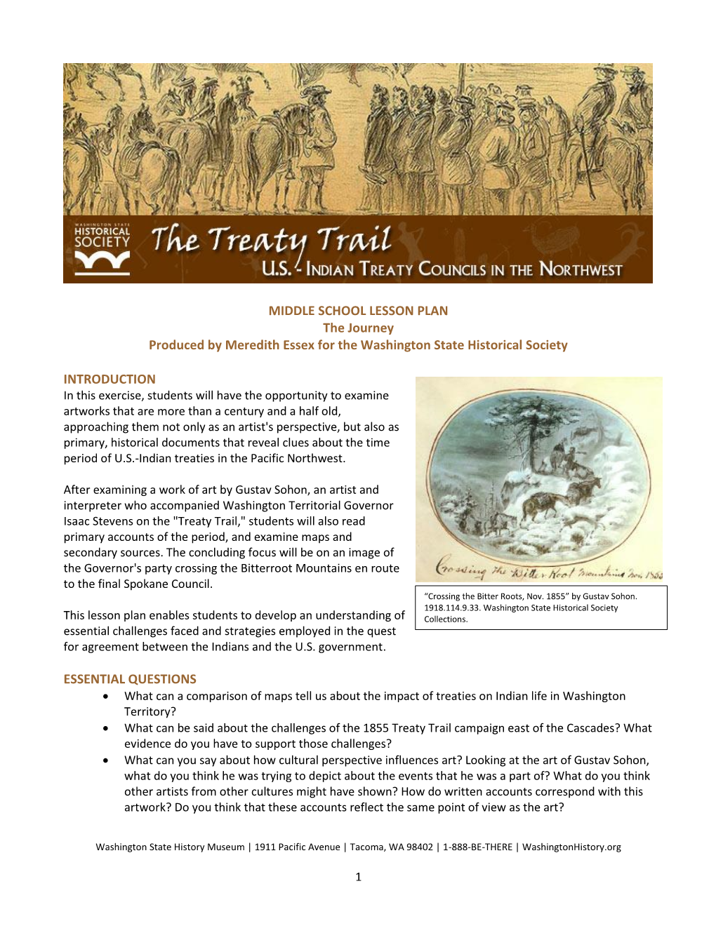 MIDDLE SCHOOL LESSON PLAN the Journey Produced by Meredith Essex for the Washington State Historical Society