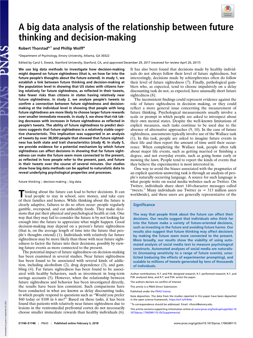 A Big Data Analysis of the Relationship Between Future Thinking and Decision-Making