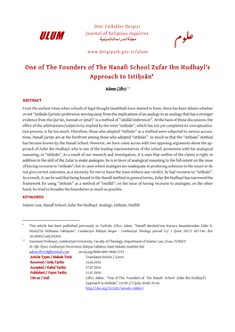 One of the Founders of the Hanafi School Zufar Ibn Hudhayl’S Approach to Istiḥsān*