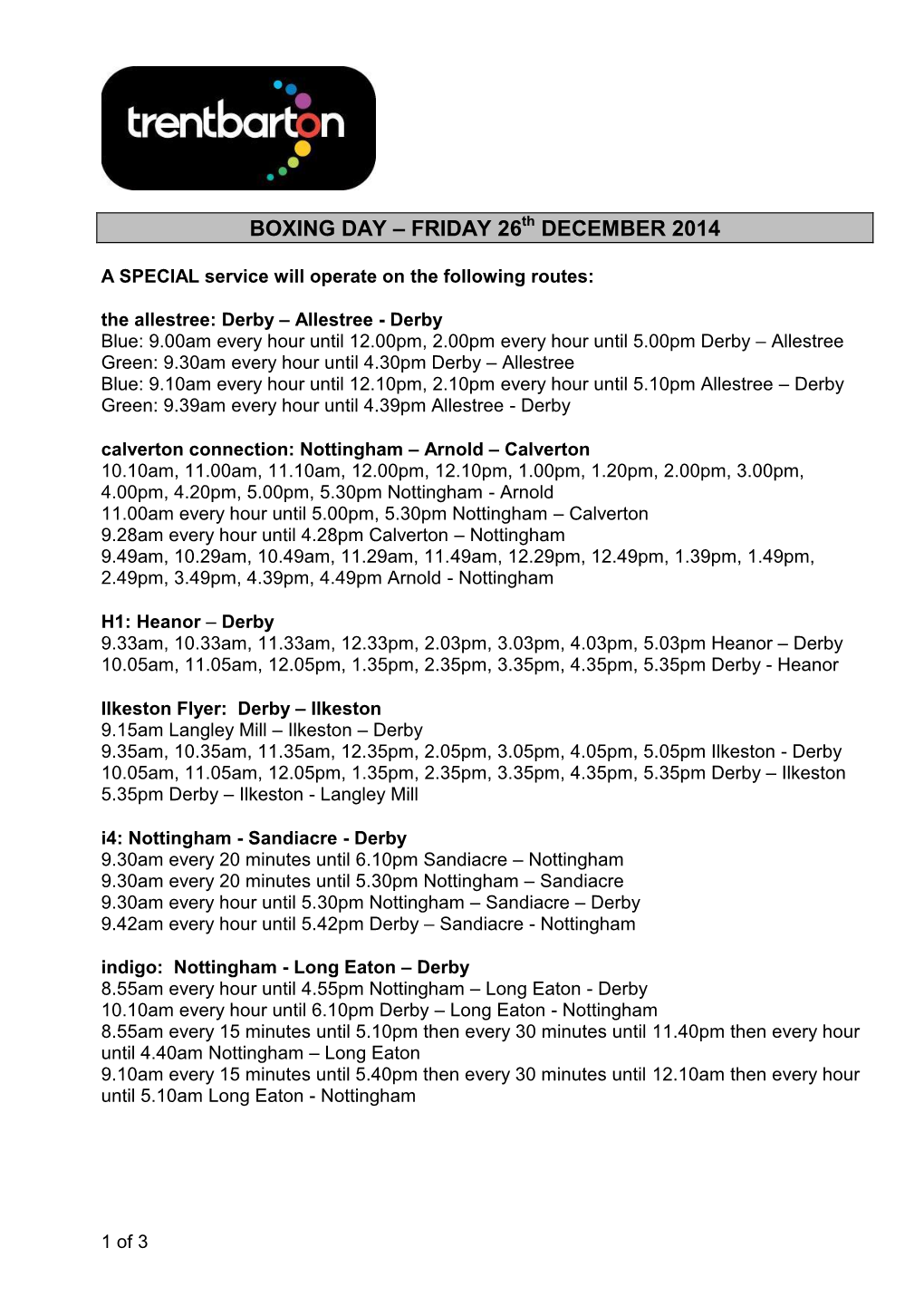 BOXING DAY – FRIDAY 26Th DECEMBER 2014