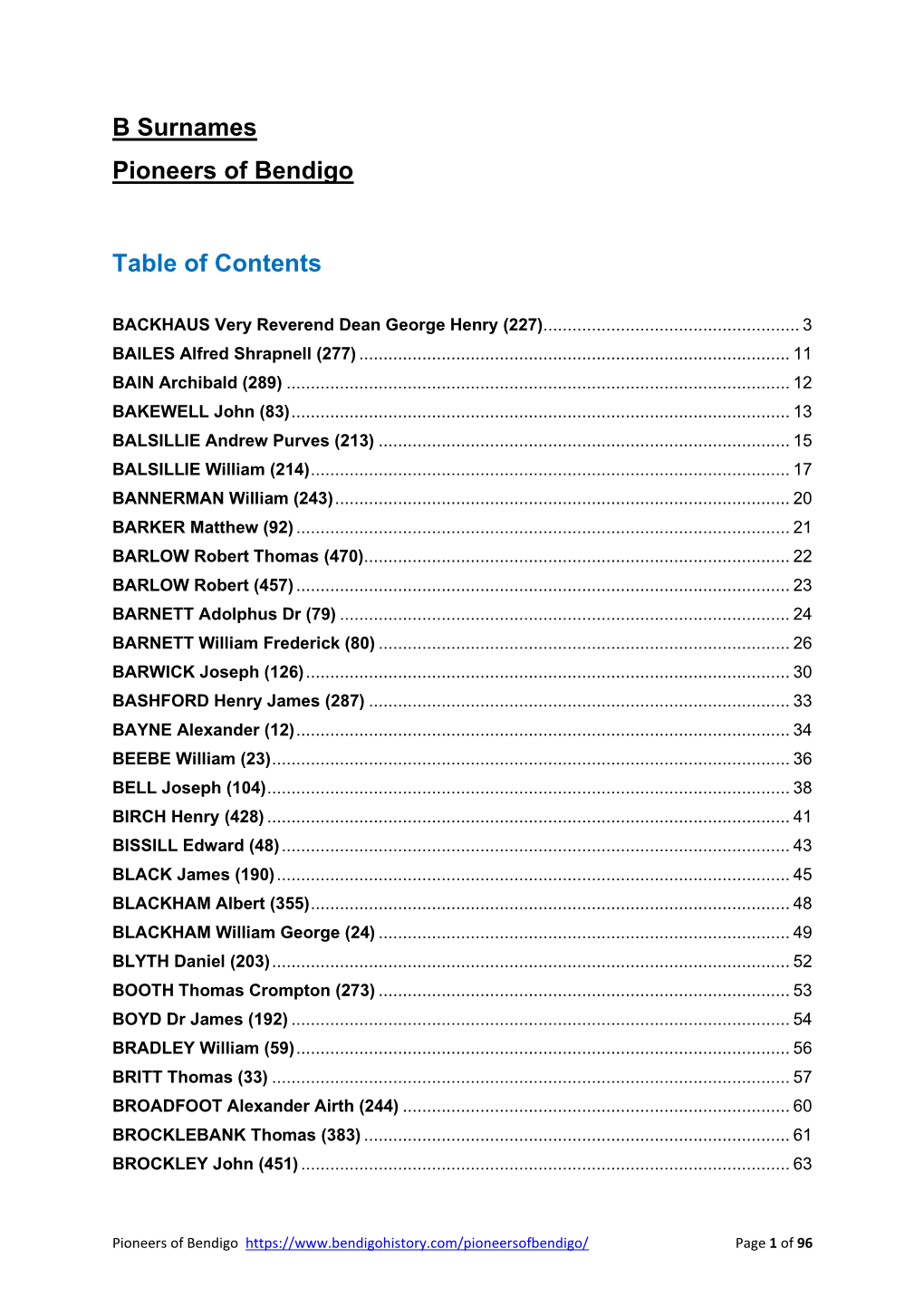 B Surnames Pioneers of Bendigo Table of Contents