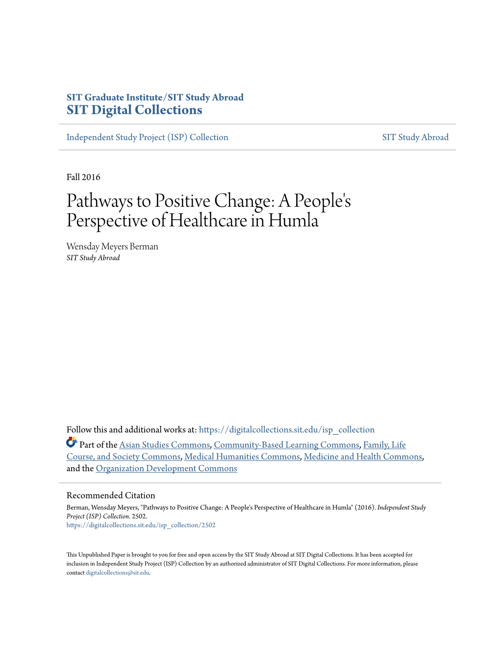 Pathways to Positive Change: a People's Perspective of Healthcare in Humla Wensday Meyers Berman SIT Study Abroad