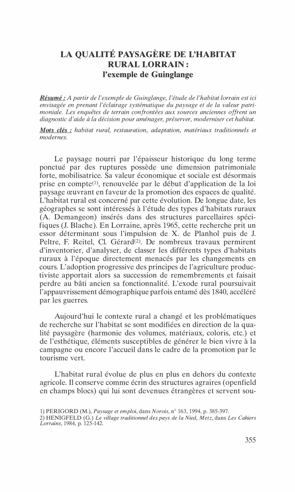 LA QUALITÉ PAYSAGÈRE DE L'habitat RURAL LORRAIN : L'exemple De Guinglange