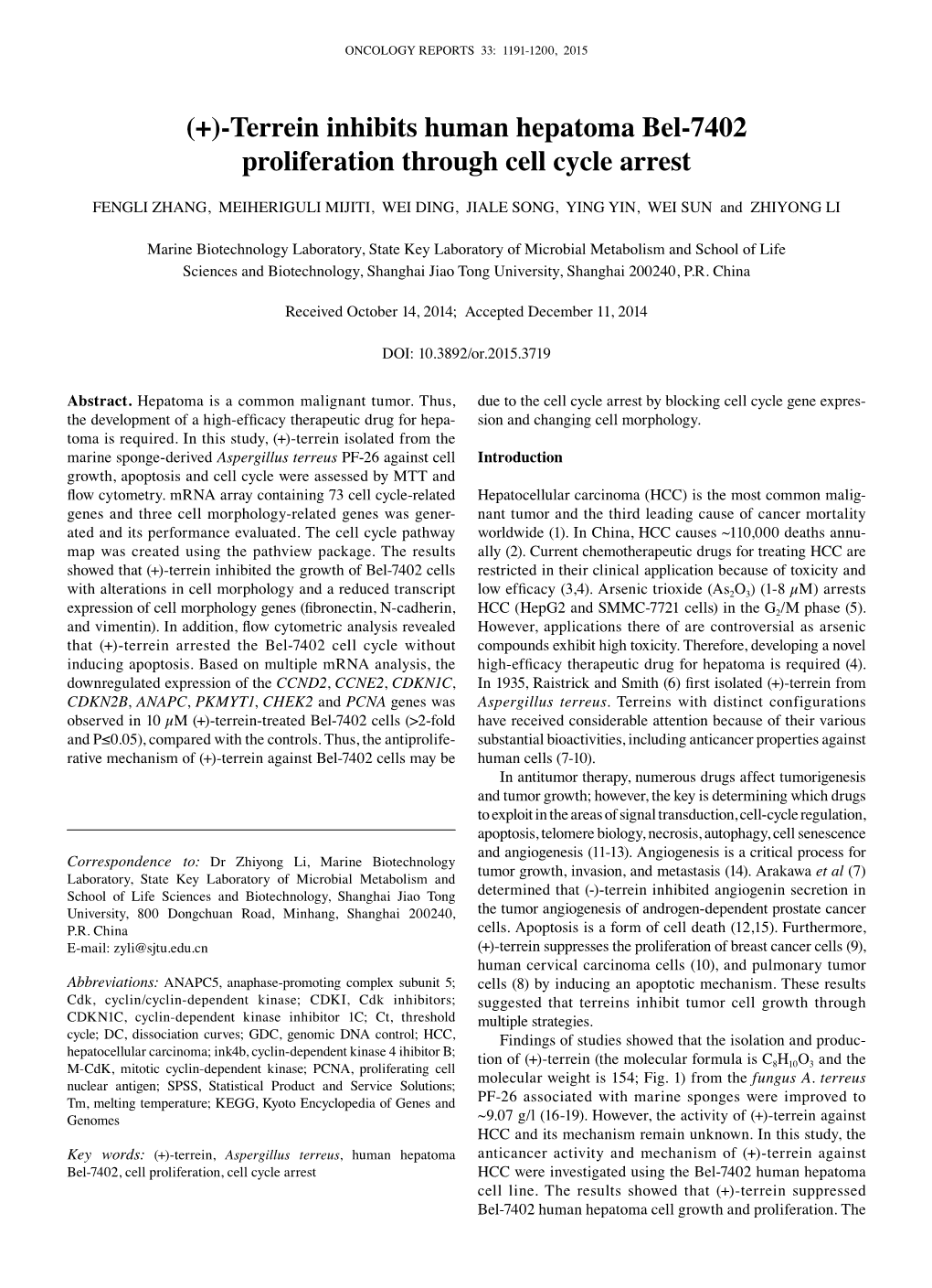 Terrein Inhibits Human Hepatoma Bel‑7402 Proliferation Through Cell Cycle Arrest