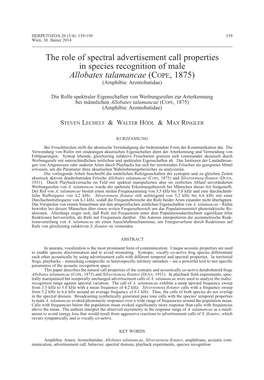 The Role of Spectral Advertisement Call Properties in Species Recognition of Male Allobates Talamancae (COPE , 1875) (Amphibia: Aromobatidae)