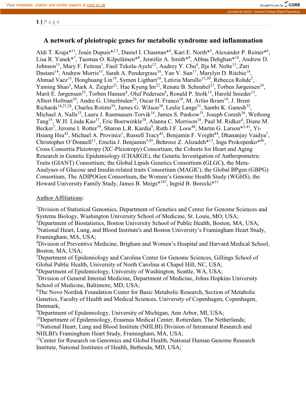 A Network of Pleiotropic Genes for Metabolic Syndrome and Inflammation Aldi T