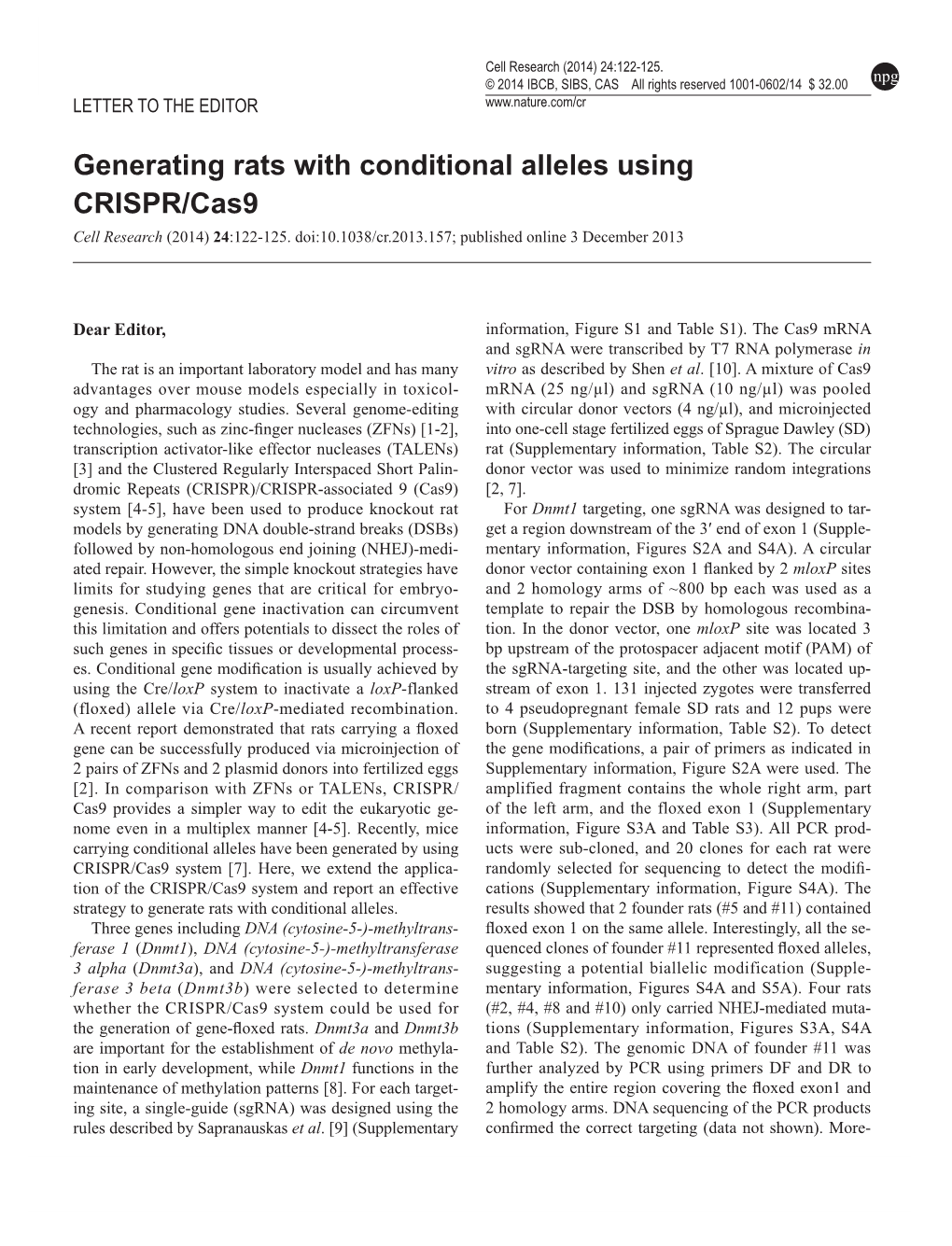 Generating Rats with Conditional Alleles Using CRISPR/Cas9 Cell Research (2014) 24:122-125