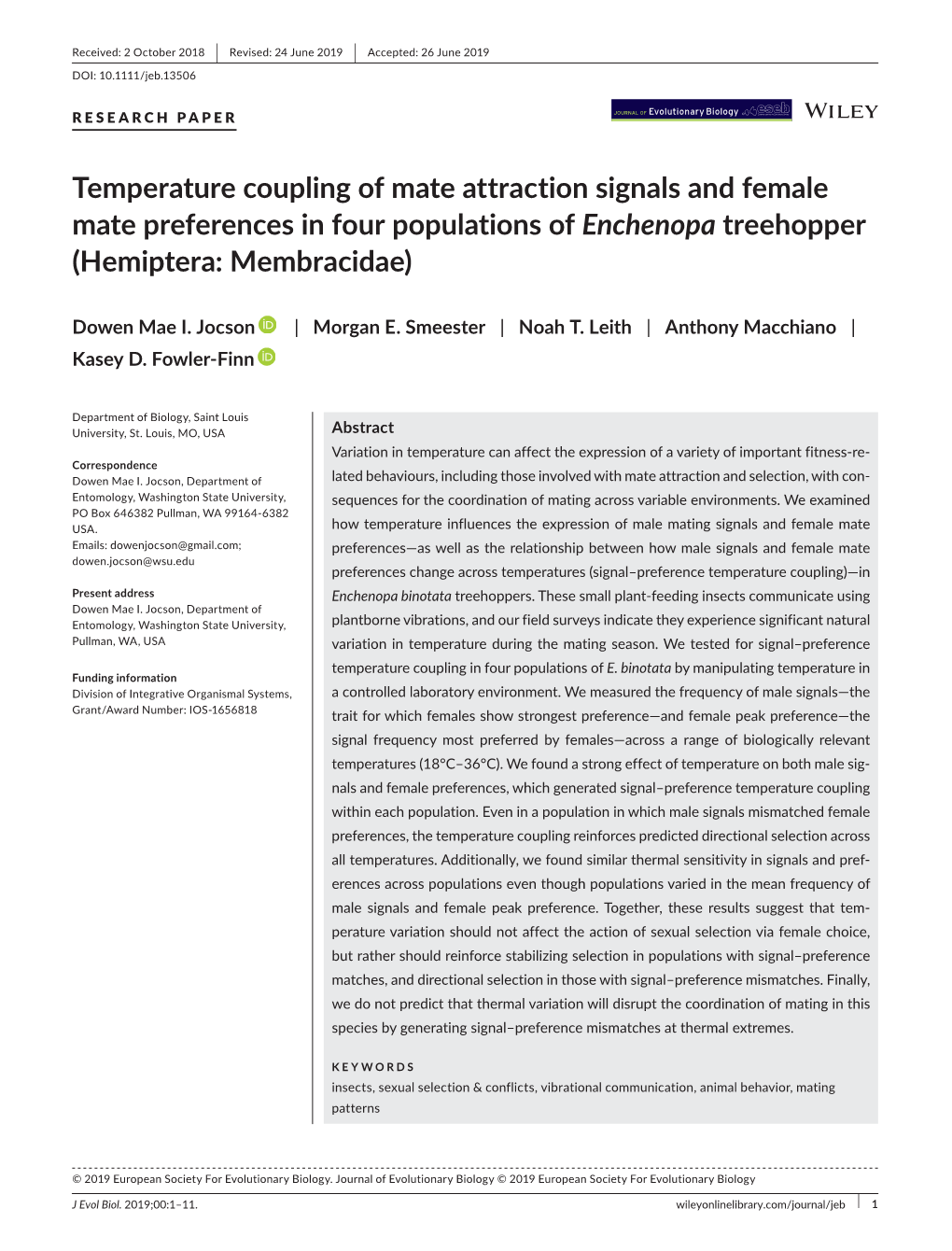 Temperature Coupling of Mate Attraction Signals and Female Mate Preferences in Four Populations of Enchenopa Treehopper (Hemiptera: Membracidae)