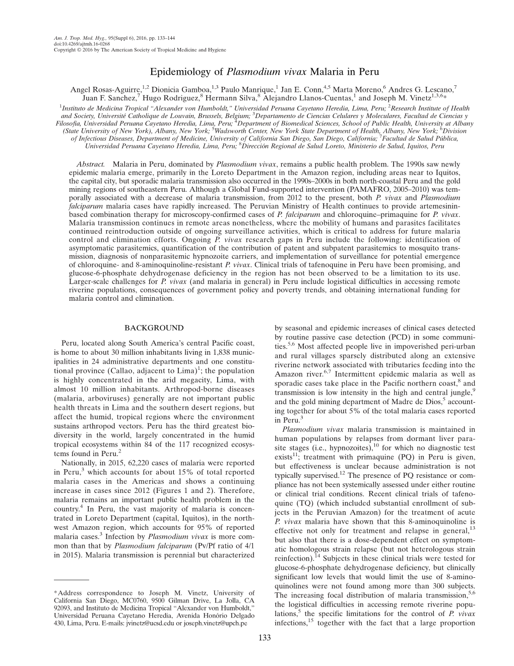 Epidemiology of Plasmodium Vivax Malaria in Peru