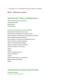 Benin - Education System