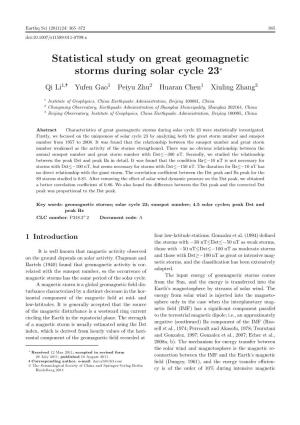 Statistical Study on Great Geomagnetic Storms During Solar Cycle 23∗