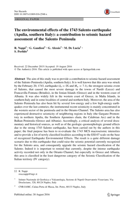 The Environmental Effects of the 1743 Salento Earthquake (Apulia, Southern Italy): a Contribution to Seismic Hazard Assessment of the Salento Peninsula