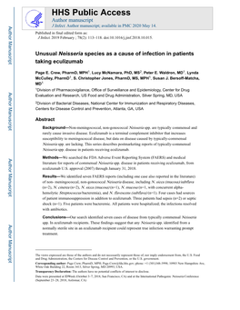 Unusual Neisseria Species As a Cause of Infection in Patients Taking Eculizumab