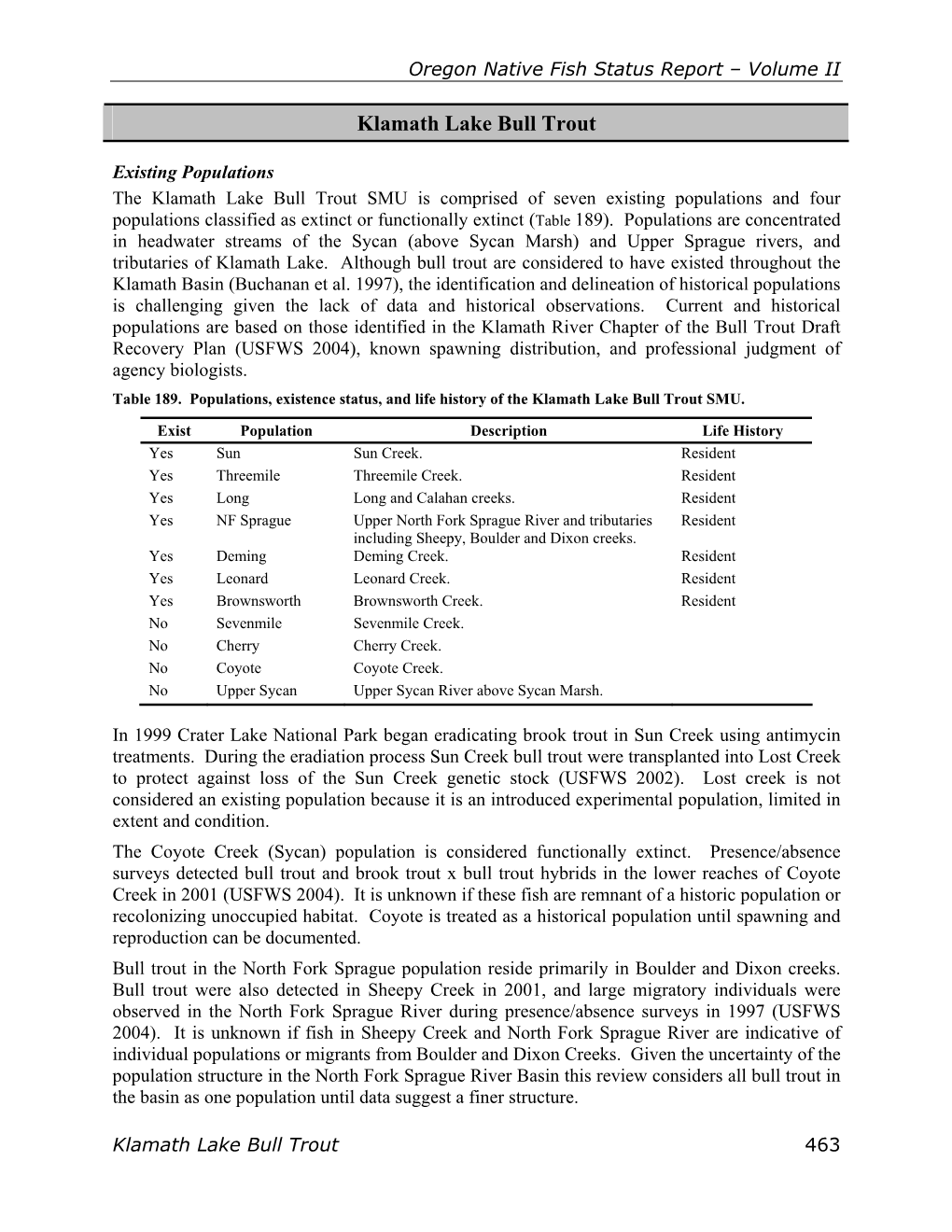 Volume II Klamath Lake Bull Trout