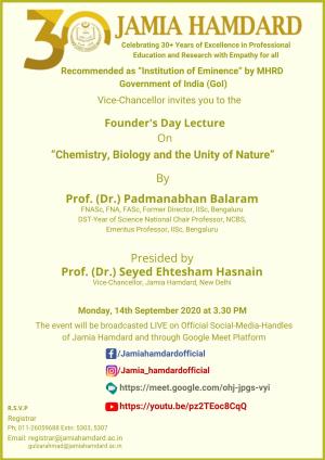 Founder's Day Lecture on “Chemistry, Biology and the Unity of Nature”