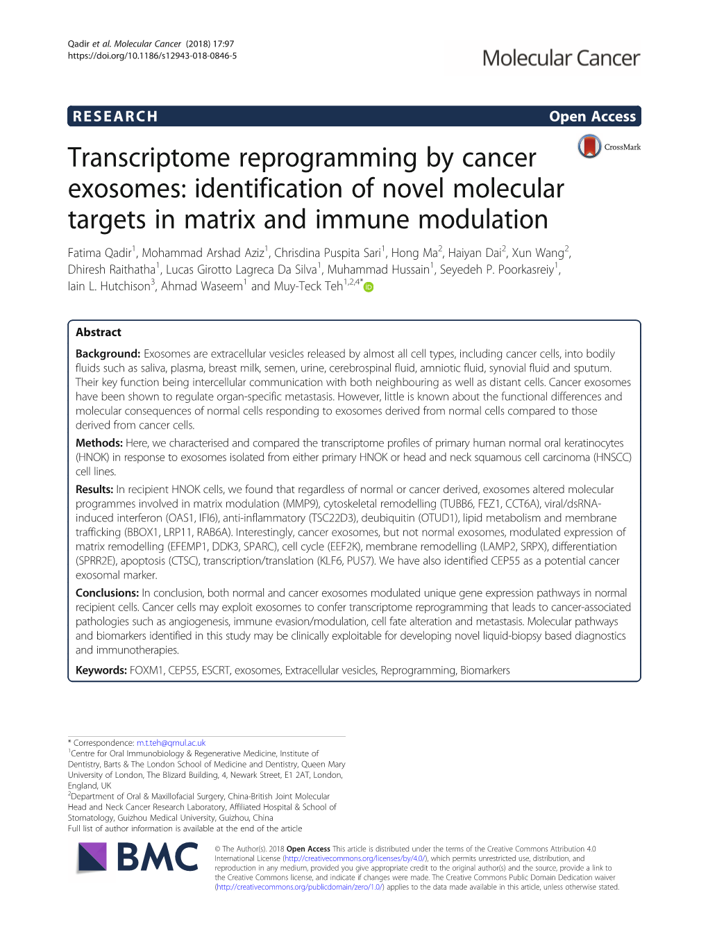 Transcriptome Reprogramming by Cancer Exosomes: Identification of Novel Molecular Targets in Matrix and Immune Modulation