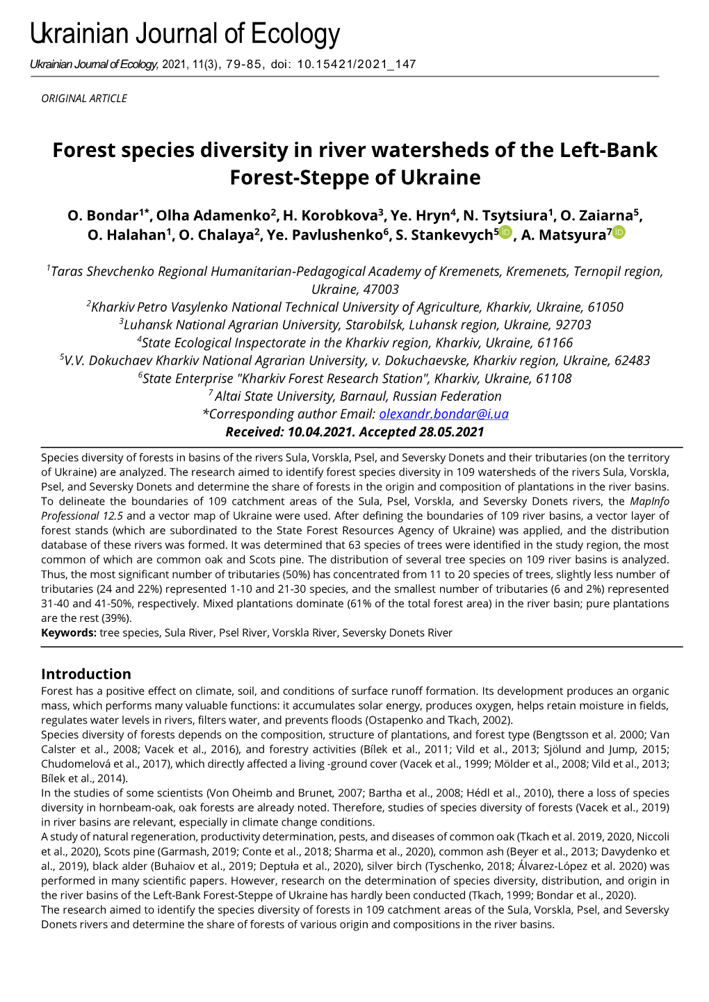 Forest Species Diversity in River Watersheds of the Left-Bank Forest-Steppe of Ukraine