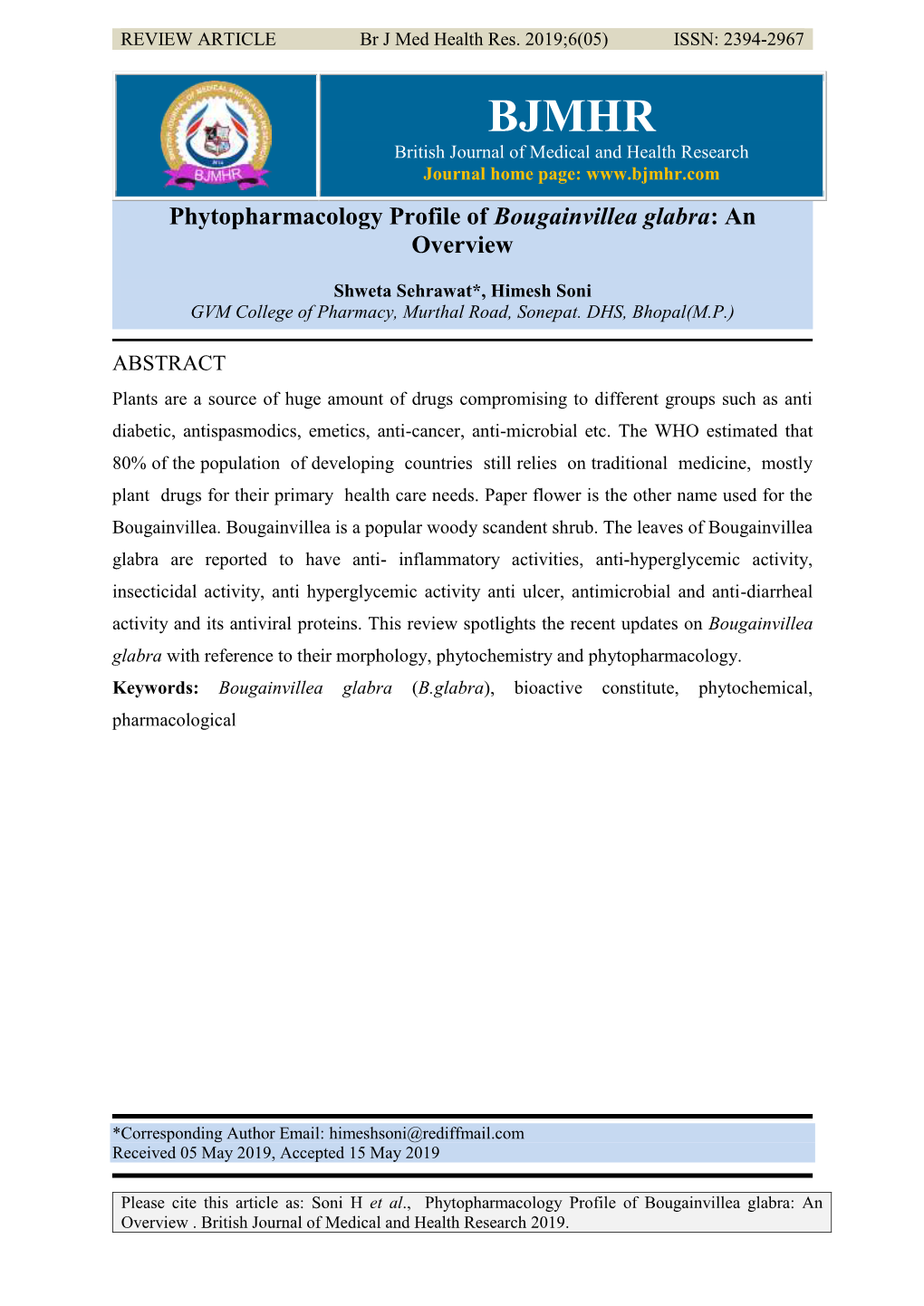 Phytopharmacology Profile of Bougainvillea Glabra: an Overview