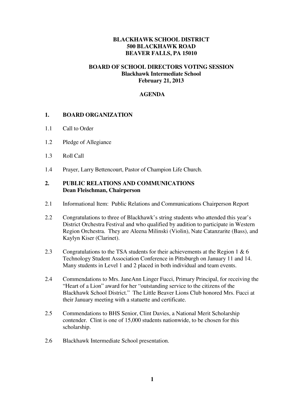 February 21, 2013 Voting Session Agenda