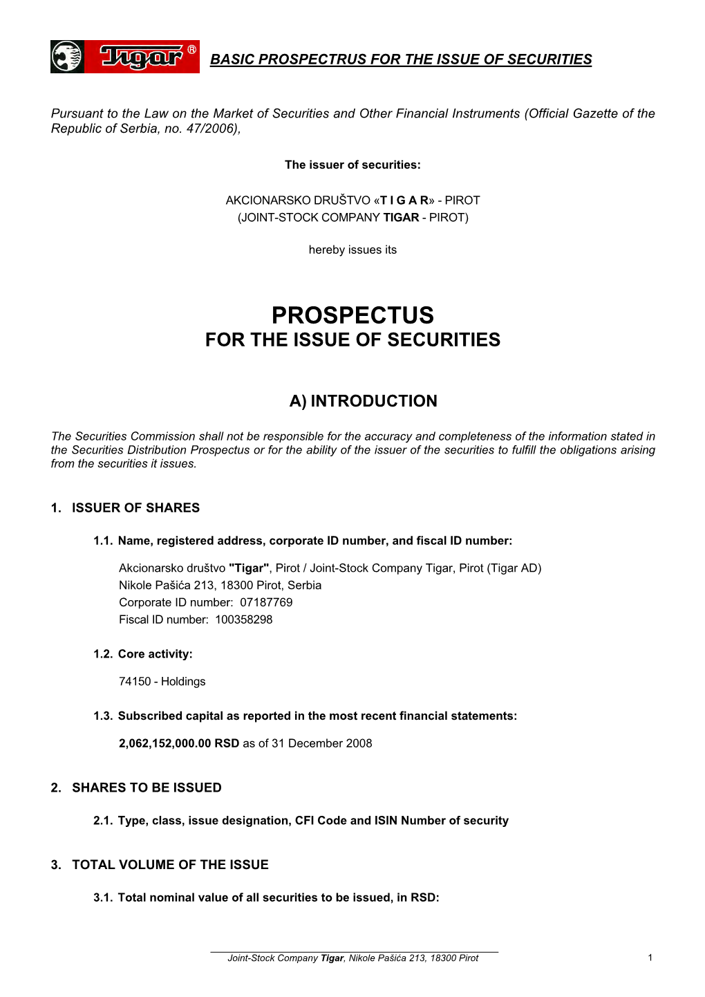Prospectus for the Issue of Securities