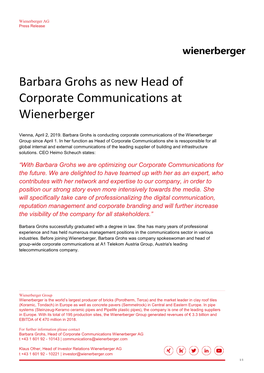 Barbara Grohs As New Head of Corporate Communications at Wienerberger
