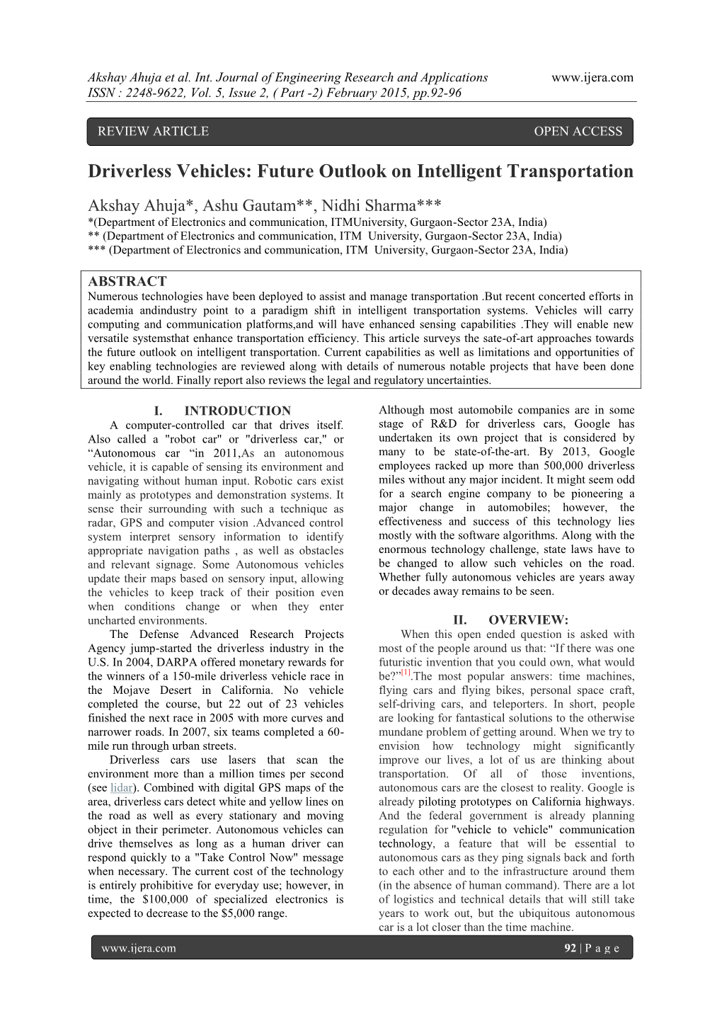 Driverless Vehicles: Future Outlook on Intelligent Transportation