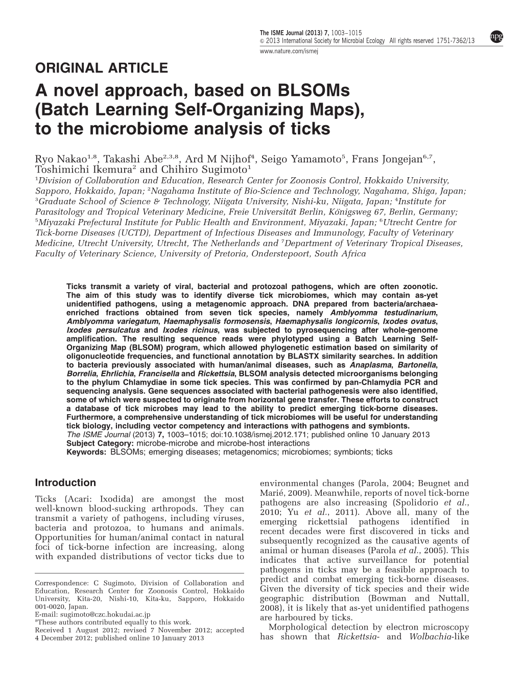 (Batch Learning Self-Organizing Maps), to the Microbiome Analysis of Ticks