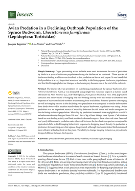 Avian Predation in a Declining Outbreak Population of the Spruce Budworm, Choristoneura Fumiferana (Lepidoptera: Tortricidae)